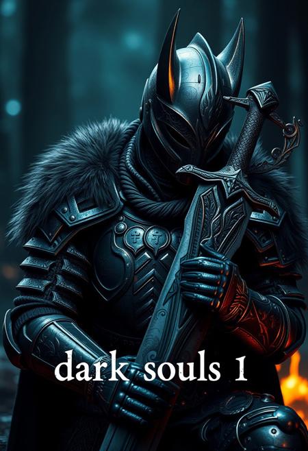 a knight with his sword, detailed armor, intricate sword, detailed helmet, solo figure, dark fantasy, resting with his sword, dark souls, close up, (( text "dark souls 1" With distinctive and appropriate handwriting )), cinematic lighting, reflections, forest, colour reflect, game poster, (text "dark souls 1"), fantasy, night, Armor with wolf fur, Blur, colourful, 
Inscriptions on the armor, modern, man, cyperpunk, imagination, campfire, ash
(text"dark souls 1" centring the poster), mythp0rt,