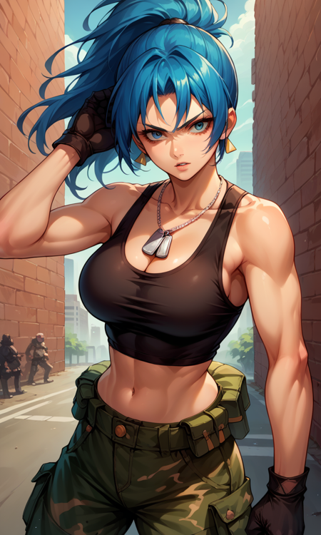 blue hair, ponytail, blue eyes PonyLeona, black tanktop, triangle earrings, midriff, cleavage, black gloves ClassicLeona, green top, shorts, military uniform, midriff HeidernLeona, green jacket, underboob, garrison cap, eyepatch, thigh strap