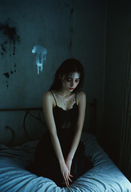 a dark lonely cold room, a thin girl sits hanging her shoulders on the bed, her dark hair dirty, a black stain in place of her face, dull tones, evening, contrasting shadows, dull cloudy sky, luminous blurred photo, grainy film effect, konica minolta zoom 60, blurred shapes, Diane Arbus photo style