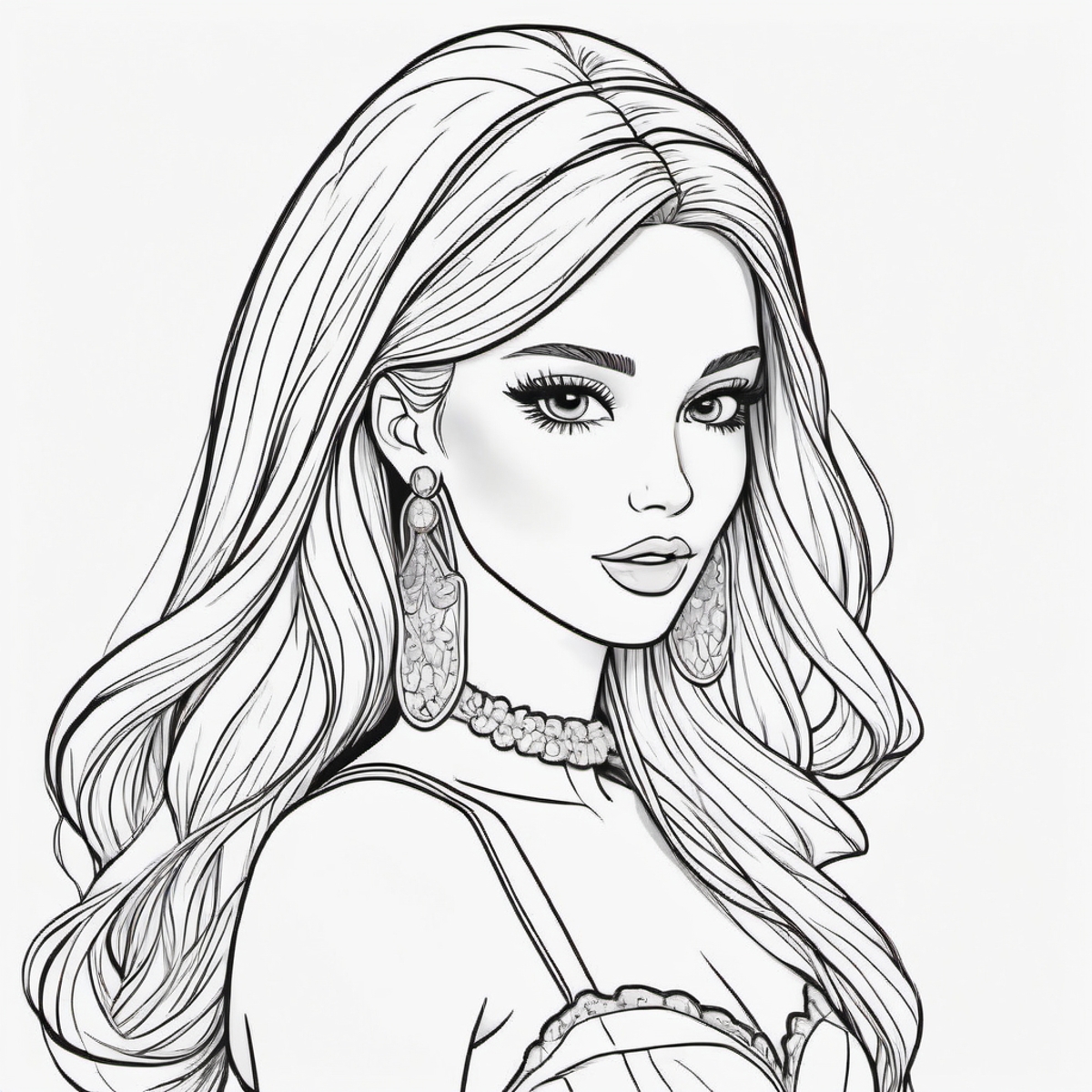 black and white, line art, coloring drawing of barbie <lora:Coloring_book_-_LineArt:0.6>, white background, thick outlines
