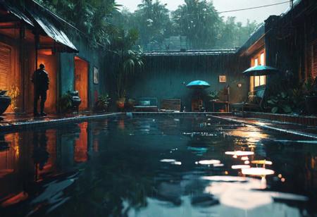 Rain into a pool ripples. perfect reflections,  Jeremy Mann, Russ Mills, WLOP, Dan Mumford, Grandfailure, Ismail Inceoglu, soft lighting, Behance HD, Artstation, Deviantart, Reflective, 8k resolution, incredible composition, deep colors, maximalist, cell-shaded, photorealistic