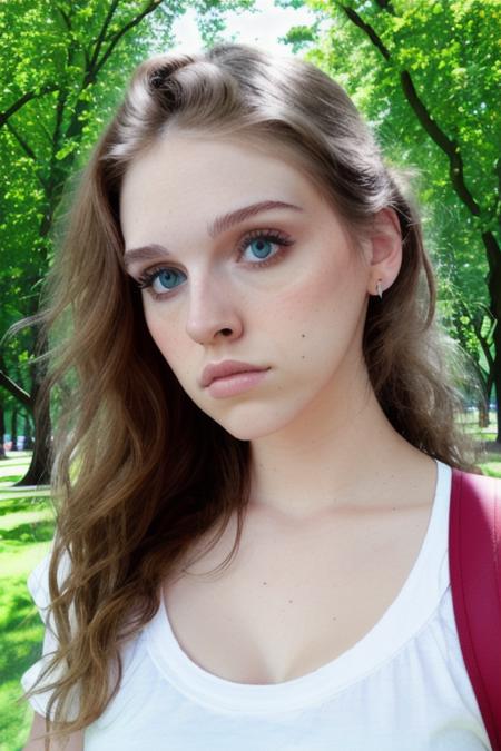 an woman at the park, perfect day, cute shirt, close up, perfect face, raw, 8k uhd, <lora:hannaHalleysem:1>