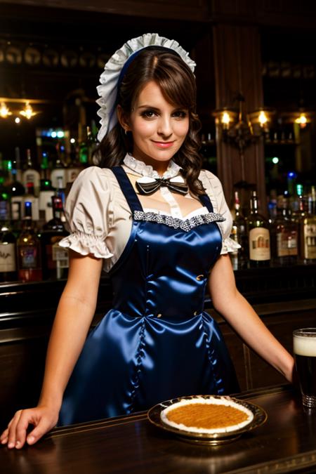 maid costume ,  bar , dusk  <lora:Tina_Fey:1> 1girl, solo, a mature t1873f, masterpiece, best quality, detailed face,