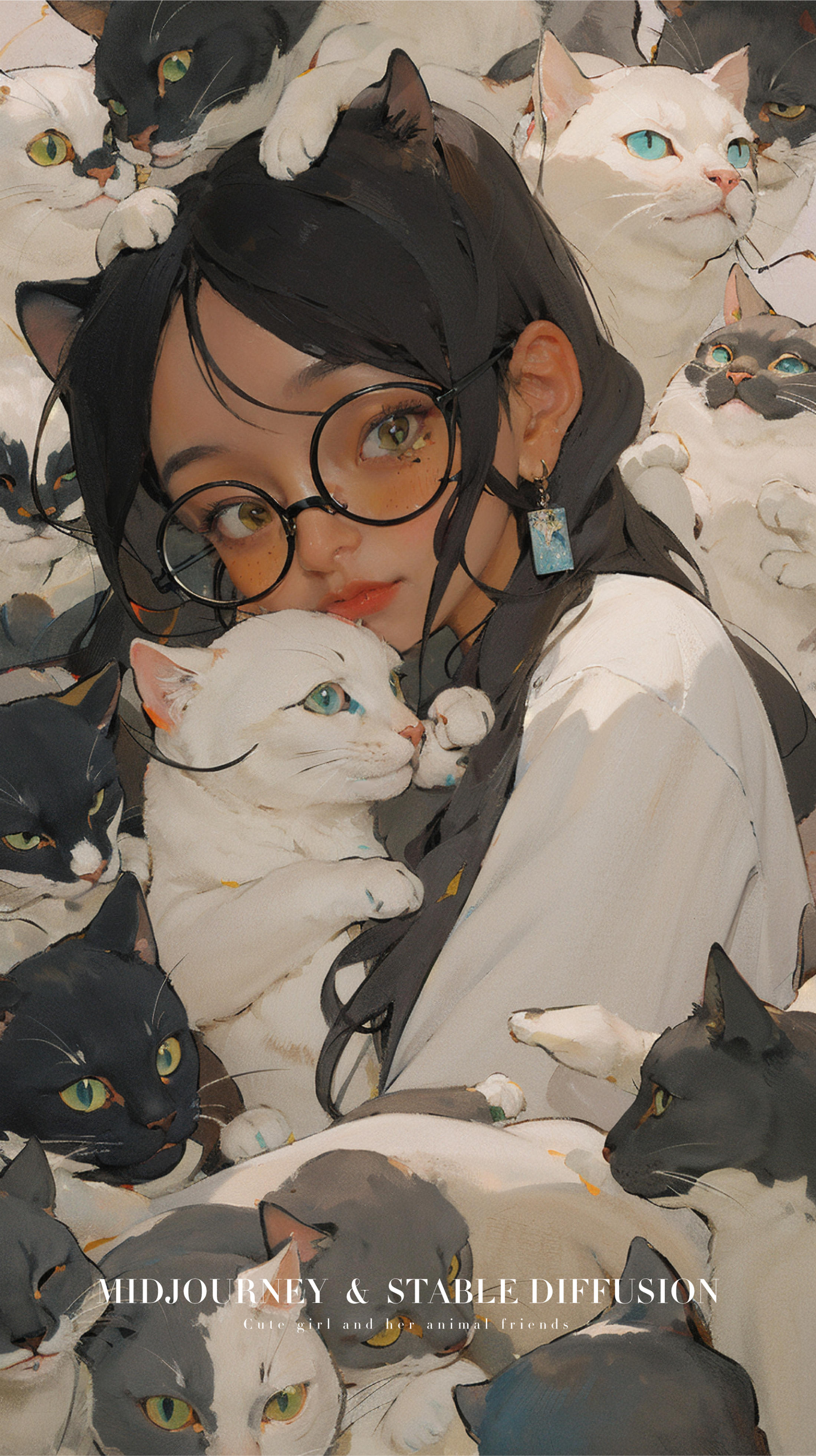 A girl holding a white cat and surrounded by black cats.