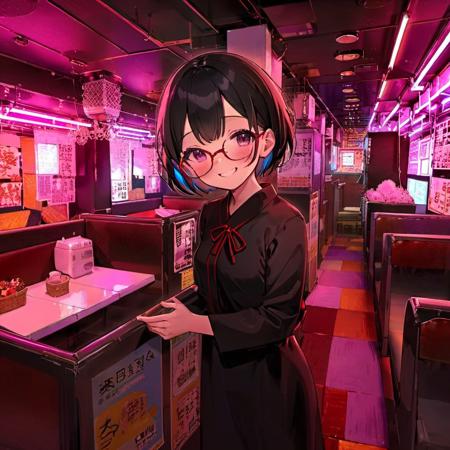 best quality, ultra-detailed, illustration,
pinsalo, scenery, red theme, sign, neon lights, indoors, 
1girl, japanese girl,  cute, (shy smile), glasses, black dress, short hair, black hair, looking at viewer, 
<lora:pinsalo_SDXL_V1:1>