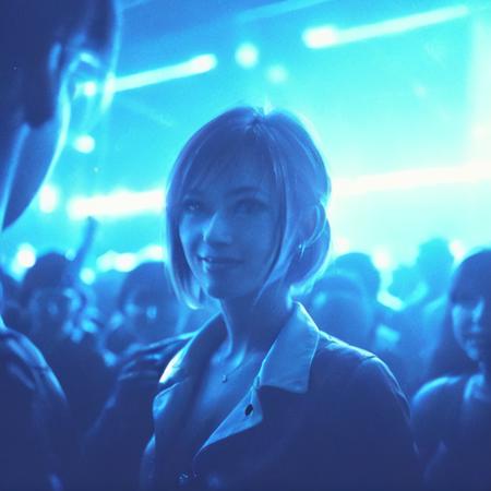 DSLR photo, Raw photo, <lora:S6yxAdaWong_v10:0.6>, (close-up:1.3), of woman, face, eyes, (close up:1.3), ADA WONG, smile, dancing crowd in background, cyan light, dark, 8k, contrast, detailed, intricate, UndergroundClub, <lora:UndergroundClub:0.8>, soft lighting, realistic, hard shadow, masterpiece, best quality, neon sign