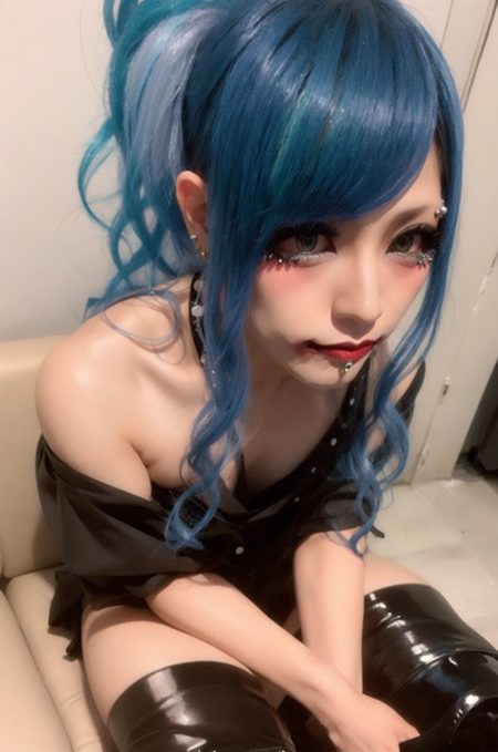 t4k4sh1, gray eyes, blue hair, lipstick, mouth piercing, black top, black blouse, showing shoulder, black shorts, black boots