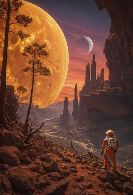 A lone astronaut stands tall at the edge of a dense alien world, framed by rugged landscape as sun sets behind him, casting warm orange glow on rustic terrain. His peaceful demeanor contrasts with the vastness of diverse trees and rocks stretching out in every direction. He gazes out at breathtaking scenery, rock cliff at his side,
masterpiece,absurdres,photorealistic,best quality