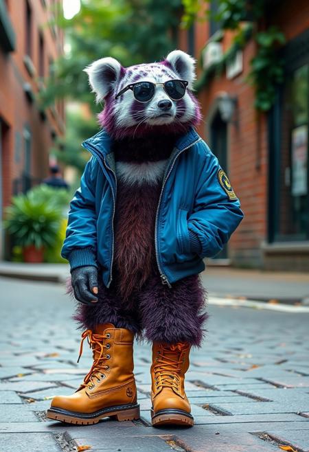 street photography of a purple spotted panda wearing timberland boots, blue aviation bomber jacket, Ray ban sunglasses, surreal street scene, urban brick jungle backdrop