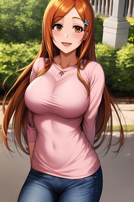 Orihime, solo, pink shirt, jeans, in the park, hair ornament, open mouth, smile, <lora:Orihime:0.85>