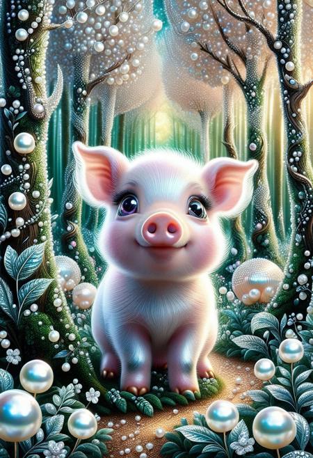 A cute pig, in a Pearlum forest, fantastical, looking around trees, whimsical, cute, big eyes  <lora:Pearlum_World_Morph:1>