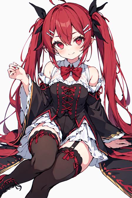 <lora:dropkun:0.8>{{{masterpiece}}},{{best quality}},{{highly detailed}},{solo},1 girl,{black long twintails with red hair ribbon},hair between eyes,ahoge,Bunny hair clip,sweet smile,beautiful detailed red eyes,{{white detached_sleeves with black puffy long sleeves}},white frilled collar, red bowties,white_thighhighs,black Lace-Up Boots,white background,