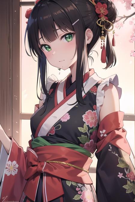 diakurosawa, <lora:diakurosawa:1>, dia kurosawa, black hair, (green eyes:1.5), blunt bangs, grey skirt, hair ornament, hairclip, mole, mole under mouth, (small breast:1.2),
BREAK collarbone, floral background, floral print, frilled sleeves, frills, hair bun, hair ornament, hair stick, hair tubes, headpiece, japanese clothes, kimono, my mai tonight, obi, sash, sidelocks, single hair bun,
BREAK looking at viewer,
BREAK city, 
BREAK <lora:GoodHands-vanilla:1>, (masterpiece:1.2), best quality, high resolution, unity 8k wallpaper, (illustration:0.8), (beautiful detailed eyes:1.6), extremely detailed face, perfect lighting, extremely detailed CG, (perfect hands, perfect anatomy),