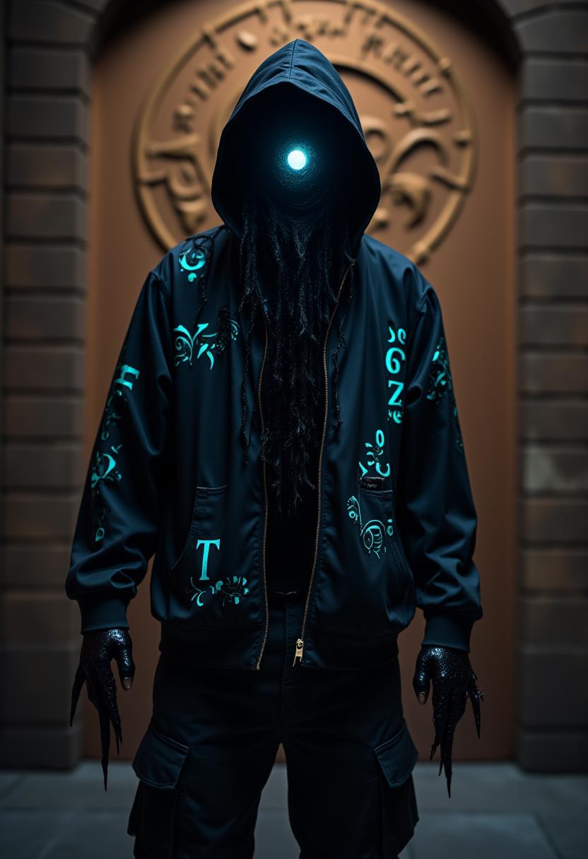 In this captivating image, we behold the ethereal presence of Nightmare!Sans, a sinister and otherworldly incarnation of the beloved Sans character from Undertale. His form is cloaked in a viscous black goop, exuding an aura of darkness and malice. He dons a jet-black goopy jacket and shorts, adorned with glowing cyan runes that hint at arcane powers beyond our comprehension. Tentacles protrude from his body, suggesting a deeper connection to the abyssal depths of the world.  His eye, concealed beneath a thick, gelatinous substance, is outlined in a menacing cyan hue, reminiscent of the PerfectEyes style. The background of the image showcases a stunning piece of artistry by Brandon Mably and Anni Albers, depicting an ancient artifact with earthy tones and intricate geometric patterns, evoking the mysterious beauty of Kashyyyk.  The photograph captures this enigmatic object in perfect focus, its every detail rendered with moody lighting and film grain, creating an atmosphere of age and mystique. Taken using a Fujifilm XT3 camera at an aperture of F/8, the image demonstrates the camera's unparalleled ability to capture even the most elusive moments of beauty and wonder.  Overall, this haunting image is a testament to the artist's mastery of both visual storytelling and technical prowess, transporting us to a realm of shadows, secrets, and untold power. ,<lora:aidmaHyperRealism-FLUX-V0.2.safetensors:1.0> ,