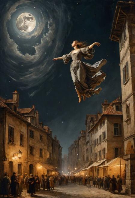 painting by Leonardo Da Vinci, rough painting with visible paint strokes, (dynamic_angle), view from below,
woman with flowing skirts flying between buildings, levitating, clothes like midnight full of stars, Night light, sharp shadows, moon lit, 
looking out over city, European city landscape, old winding roads, dystopian city, crowds of people, 
standing high above stret, illustration,