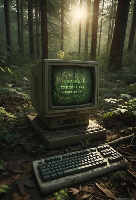 Abandoned computer (vintage style:1.3), nestled in overgrown forest floor, surrounded by foliage, withered branches, and patches of dirt (detailed dirt texture:1.2).  Computer screen displays green text (code:1.2),  vintage monitor, dusty keyboard.  Natural lighting, golden hour sunset, casting warm light on the scene (soft light:1.2).  Forest floor in foreground, with various shades of brown and green foliage,  low-lying vegetation.  Environmental details include dirt, leaf litter, and shadows from the trees.   Camera angle is slightly low, looking up at the computer,  perspective is close-up, focusing on the machine's intricate details.  Photorealistic style, high-detail rendering (detailed textures:1.2), close-up view,  muted color palette.  Dark, moody atmosphere.  Vintage computer, environmental storytelling.  Deep forest,  sunrise or sunset.