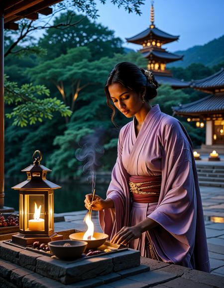 Realistic image of a beautiful woman, Indian woman, dark skin, <lora:Rhani_Indian.safetensors:0.55>,,<lora:muromachi86:0.9>, Temple courtyard at dusk: a traveling woman in layered kimono offers incense at a stone altar, lanterns casting warm glows on carved dragon motifs, soft purple twilight sky above, 50 mm f/1.4, bokeh on background pagoda lights. ,low light, soft natural light, Rembrandt style light, Hasselblad DLSR camera, 200mm Zeiss lens, f/2.8, ,Sexy pose, erotic pose, exhibitionism, ,A serene lake surrounded by lush greenery and wildflowers
