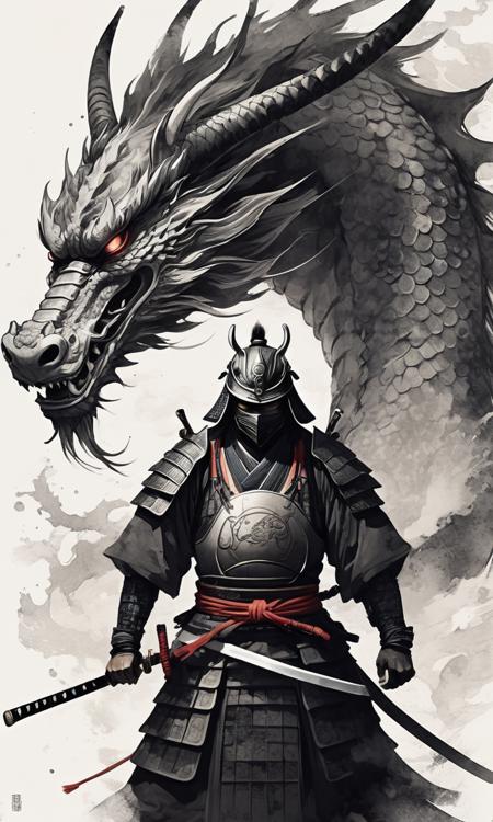 japanese samurai in front of a dragon, in the style of minimalist ink wash, 2d game art, witchcore, light white and dark gray, i can't believe how beautiful this is, gongbi, ritualistic masks