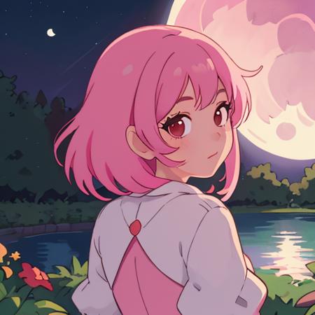 1gril,pink hair,pink,garden,water,from behind,moonlight,night,cute,look back, best quality,4k,2D,flat art,high quality,face detailed,detailed,hair detailed, masterpiece, best quality,4k,high quality,face detailed,detailed,hair detailed,simplified