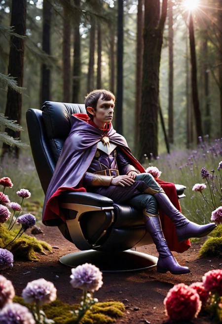 warm dark low-key galactic solar-system ambiance.  elf seated on an overstuffed high-back puffy [silver|black|red|white|wood] leather chair recliner. wearing a cape & belt. outdoors, carnation, lavender. clearing in a forest