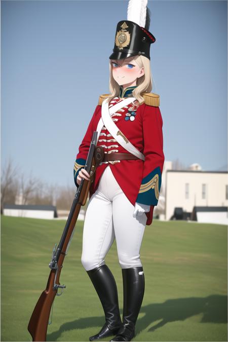 masterpiece, best quality, absurdres, high resolution, extremely detailed, 1girl, solo,  <lora:redcoatv2:0.75>,military_uniform, uniform, standing, hat, epaulettes ,military, white_pants, red_jacket,shako hat,rifle, white pants,napoleonera, regiment of foot,redcoat,musket,white hackle, white plume, blonde long wavy hair,  blue eyes,  smug,  full-face blush, large breasts,  wide hips, narrow waist,   <lora:shi2:1>