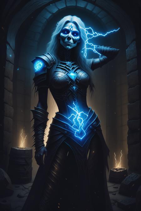 fantchar, a powerful skeletal mage woman with lightning crackling around her standing in a dungeon crypt, beautiful, runes, symbols, glowing, realistic, highly detailed, intricate