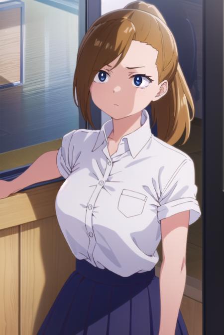 serinayoshida, <lora:serina yoshida s1-lora-nochekaiser:1>,
serina yoshida, brown hair, ponytail, (black eyes:1.5),
BREAK skirt, shirt, school uniform, white shirt, short sleeves, pleated skirt, collared shirt, blue skirt,
BREAK indoors, classroom,
BREAK looking at viewer, (cowboy shot:1.5),
BREAK <lyco:GoodHands-beta2:1>, (masterpiece:1.2), best quality, high resolution, unity 8k wallpaper, (illustration:0.8), (beautiful detailed eyes:1.6), extremely detailed face, perfect lighting, extremely detailed CG, (perfect hands, perfect anatomy),