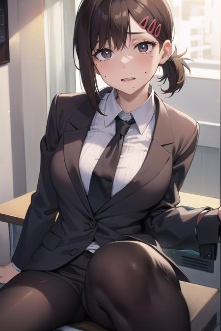 kobenihigashiyama, <lora:kobenihigashiyamatest:1>,
kobeni higashiyama, black hair, hair ornament, hairclip, mole, mole under eye, ponytail, short hair, (brown eyes:1.5), (small breast:1.2),
BREAK black necktie, black pants, business suit, formal, long sleeves, necktie, pants, suit, 
BREAK looking at viewer,
BREAK indoors, classroom,
BREAK <lora:GoodHands-vanilla:1>, (masterpiece:1.2), best quality, high resolution, unity 8k wallpaper, (illustration:0.8), (beautiful detailed eyes:1.6), extremely detailed face, perfect lighting, extremely detailed CG, (perfect hands, perfect anatomy),