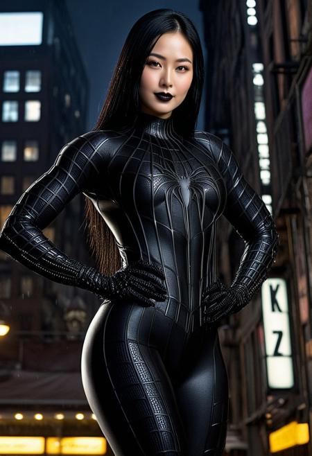 score_9, score_8_up, score_7_up, best quality, realistic, masterpiece, beautiful detail, hyperrealistic, cafe, ((1girl, woman body, huge breasts)), amazing detailed full body portrait of a beautiful japanese girl, wearing a realistic and highly detailed black raimi spider-man suit, ((huge muscular girl)), professional model wears ultra - detailed black raimi spider - man suit, ultra - detailed and grained black raimi spiderman suit, suit covered entire body and hand, black spiderman gloves, wet, (full body), (looking at viewer, dynamic pose, black hair, black lipstick), smile, octane render, highly detailed, volumetric, dramatic lighting, (highest quality:1.1), (HDR:1.3), (top quality, best quality), realistic, high definition, Expressionism - sharp focus, professional photography, masterpiece, ultra detailed photograph, high quality, 8k,