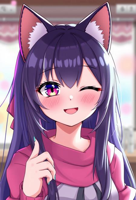 Cat girl, anime style, v, smile, wink,