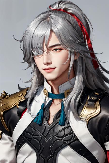 jing yuan(hsr), long sleeves, hair over one eye, 1boy, yellow eyes, hair ribbon, long hair, tassel, ponytail, ribbon, white background, red ribbon, white hair, one eye covered, solo, upper body, looking at viewer, smile, grey hair, male focus, hand on own face, simple background, hair between eyes, armor