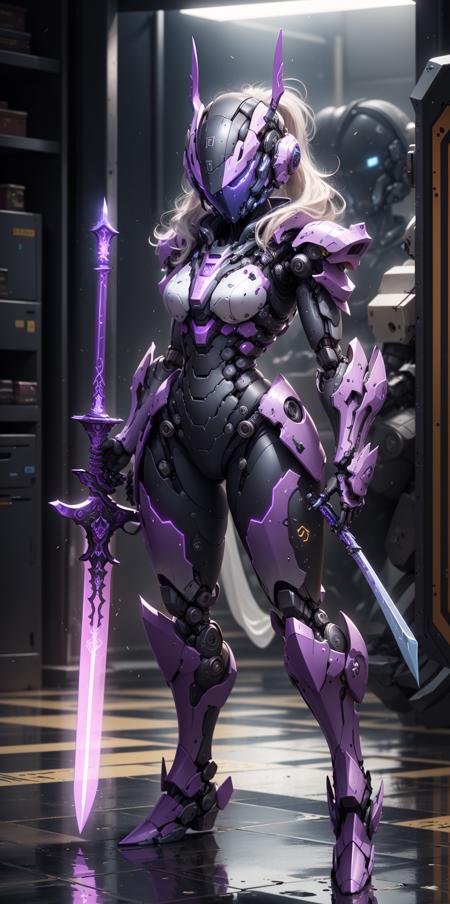 1girl,  solo,  holding,  standing,  weapon,  sword,  holding weapon,  armor,  glowing,  holding sword,  helmet,  robot,  science fiction,  joints,  robot joints,<lora:EMS-273755-EMS:1.000000>