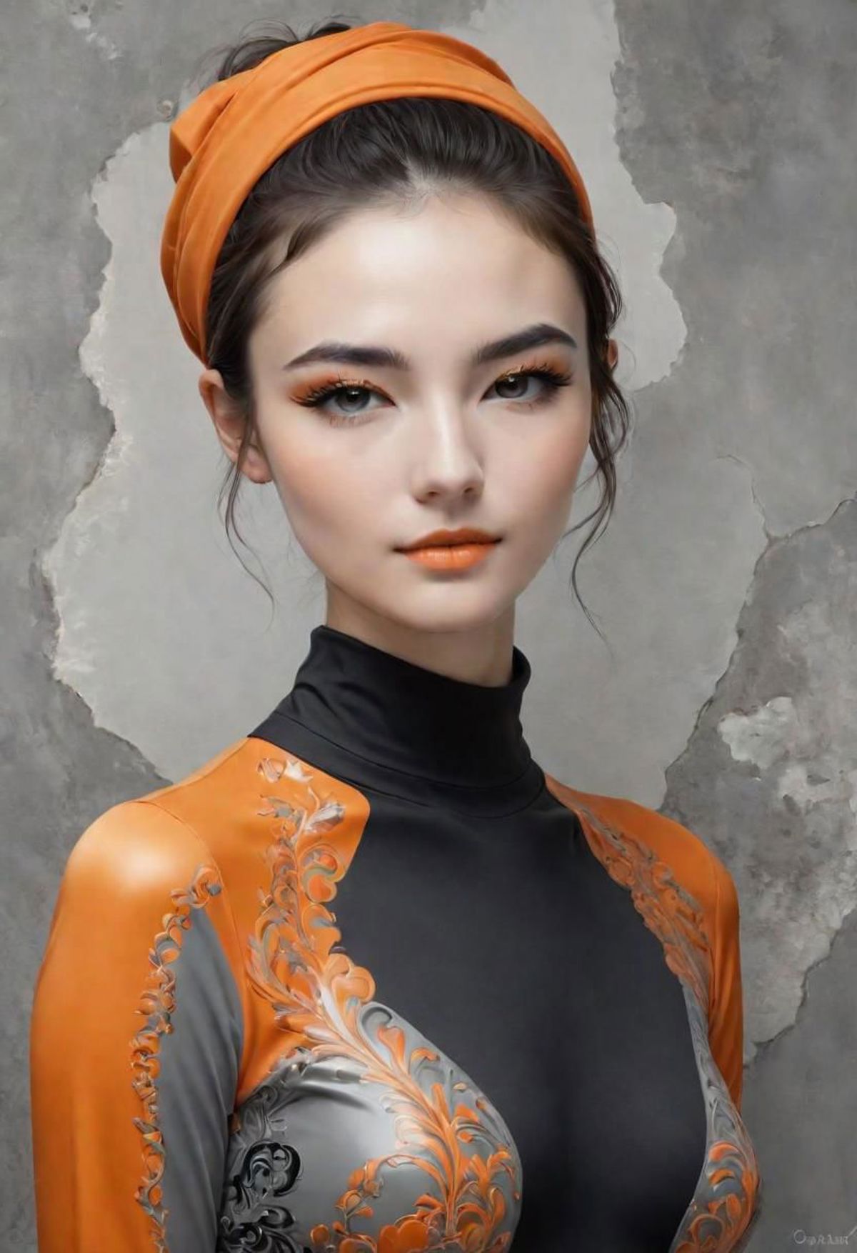 Woman wearing a black and gold outfit with orange makeup.