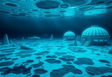 a sprawling underwater city on the frozen surface of the moon Europa, where ((massive, domed structures)) create a surreal atmosphere in the depths of the ocean. These structures are bathed in ((bioluminescence)), with sleek ((submarines)) gracefully gliding underneath the surface, revealing ((alien landscapes)) with a mix of ((ice and liquid pools)) that make up the intricate ((sea floor)). The ((ice at the edges of the ocean)) filters the light from the sun, creating a dark blue atmosphere that complements the bright, futuristic environments. The ((intricate details)) of the structures and ((alien creatures)) add a sense of wonder and advanced technology to this underwater metropolis. (Masterpiece:2)