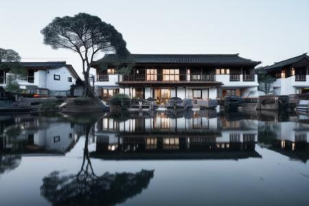 zhuai_rural architecture, new chinese style, residential group perspective, residential group, water surface, scenery, tree, building, outdoors, window, reflection, water, plant, 
best quality, realistic, photorealistic,ultra detailed,8K,High quality texture,intricate details,detailed texture,finely detailed,
RAW photo, photo of building, (high detailed skin:1.2),  uhd, dslr, soft lighting, high quality, film grain, Fujifilm XT3
 <lora:rural architecture_v1.0-000018:1>