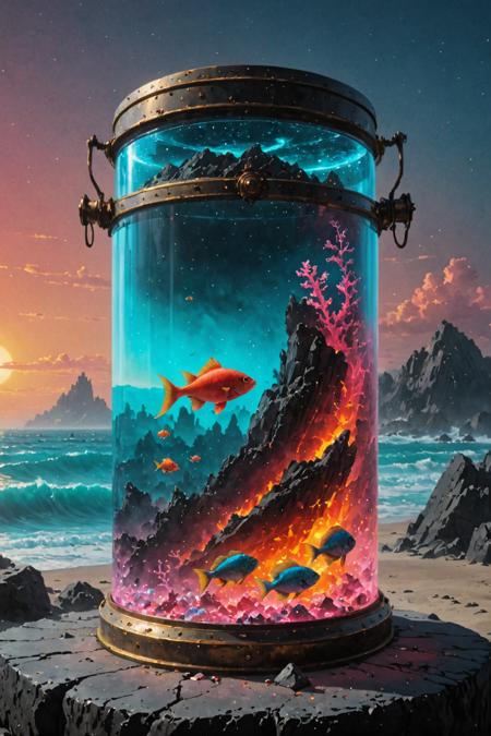 ultra realistic 8k cg, flawless, clean, masterpiece, professional artwork, famous artwork, cinematic lighting, cinematic bloom, (graveyard background), a large retrowave glass medieval  container with a fish inside, colorful coral, glowing rock,   <lora:Contained_Color_SDXL:1> background by karol bak and greg rutkowski and moebius and robert capa by valentina remenar, peter ferguson, irving pennes stijlsinger, and rene magritte