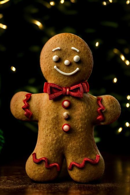 Gingerbread_Man, food, cookie, food focus, no humans, an extremely gritty detailed HD 8K photograph of a gingerbread man and woman wearing very festive cookie clothing dancing together on the table in front of a beautifully decorated pine Christmas tree, detailerlora, beautiful subtle very soft yellow, red, green and white lights