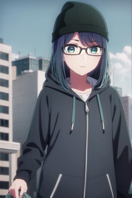 akanekurokawa, <lora:akane kurokawa s1-lora-nochekaiser:1>,
akane kurokawa, bangs, (green eyes:1.3), blue hair, medium hair, dark blue hair,
BREAK long sleeves, hat, jacket, glasses, hood, black jacket, black headwear, hoodie, hood down, red-framed eyewear, beanie,
BREAK outdoors, city, sun, sky, clouds,
BREAK looking at viewer, (cowboy shot:1.5),
BREAK <lyco:GoodHands-beta2:1>, (masterpiece:1.2), best quality, high resolution, unity 8k wallpaper, (illustration:0.8), (beautiful detailed eyes:1.6), extremely detailed face, perfect lighting, extremely detailed CG, (perfect hands, perfect anatomy),