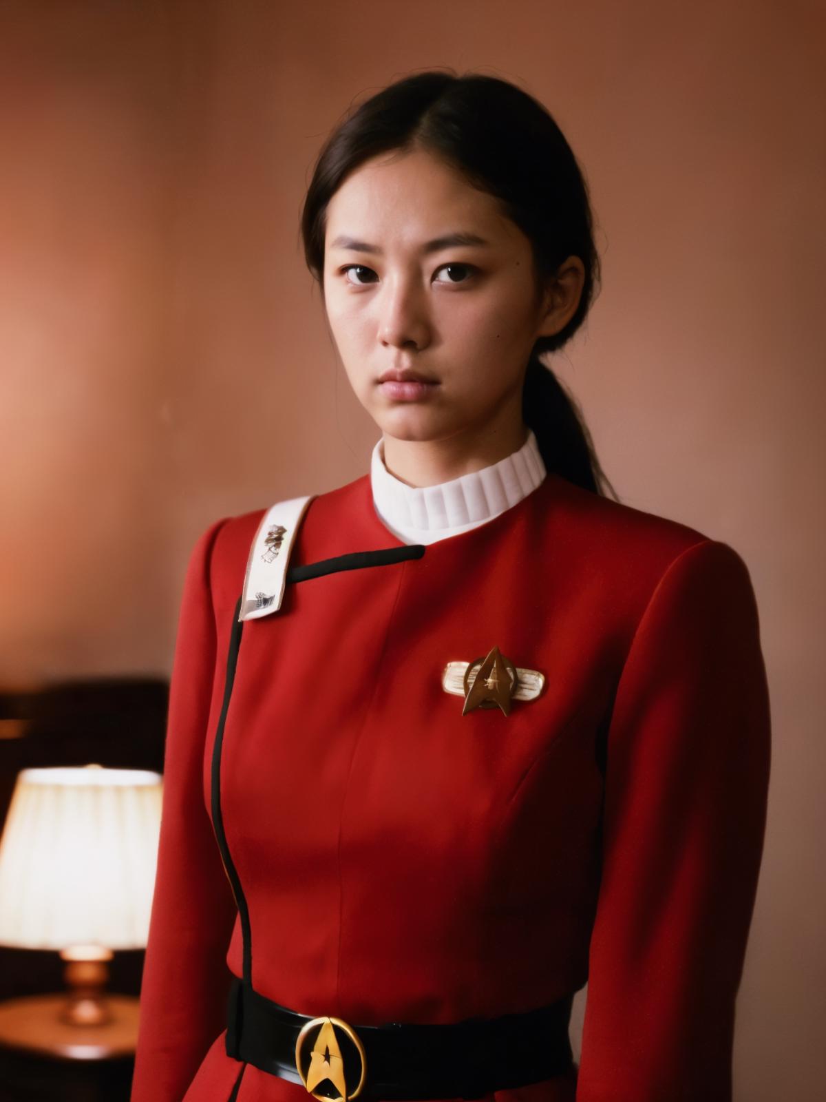 A Woman Wearing a Red Starfleet Uniform with a Pin.