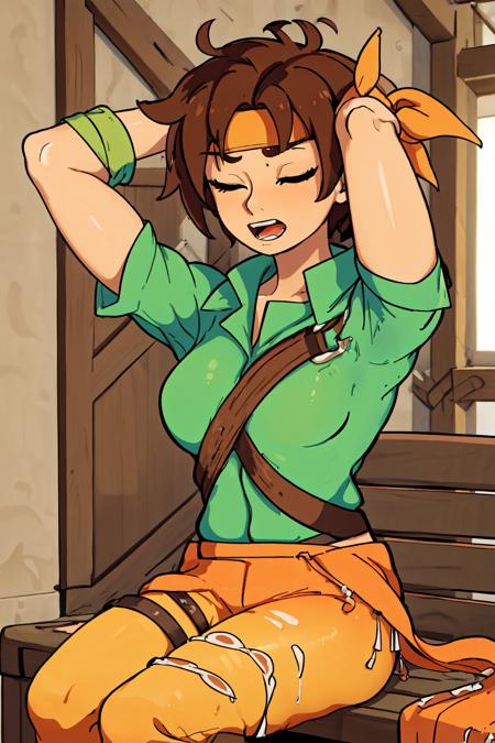 TanyaFE Green shirt,orange pants,headband