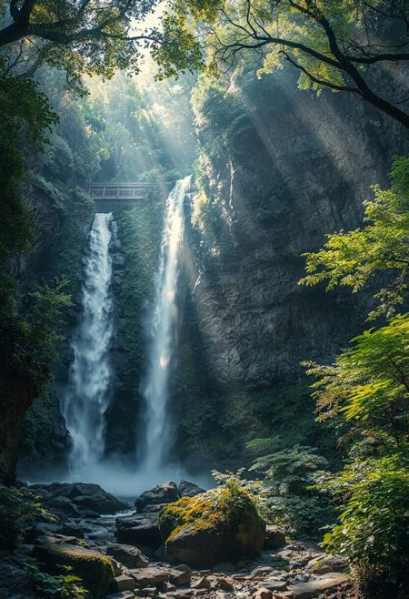 A tranquil forest oasis, serene setting, a majestic waterfall plunges down a rugged cliffside, surrounded by vibrant greenery and lush foliage. casting an ethereal glow across the scene. filtered rays of sunlight peek through the dense foliage, bathing the area in a peaceful, mystical ambiance, 
Japanese art style, Japanese ink painting, 
best quality, sharp focus, high contrast, colorful, ultra quality, 8k, best quality,