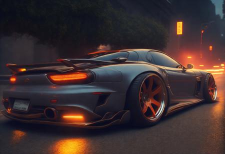 rx7fd sport car on a road, cyberpunk, futuristic, octane, render, cgi, global illumination, vibrant colors, best quality, highly detailed