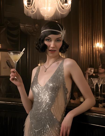 In a dimly lit, vintage speakeasy nestled within the heart of 1920s Paris, the camera captures T4YB3LL from a low angle, emphasizing her ethereal beauty. Her long, wavy brown hair cascades down her back like a waterfall, framing her striking grey eyes that sparkle with an infectious smile. Adorned in a one-of-a-kind sequin flapper dress, shimmering under the soft glow of hanging crystal chandeliers, she leans against a polished mahogany bar, her black hair piled high atop her head adorned with a vintage feather accessory. Her hands clasp a sparkling martini glass, the liquid inside reflecting the warm ambiance of the room as she exudes an air of sophistication and mystery, capturing the essence of a captivating flapper queen in the Roaring Twenties.