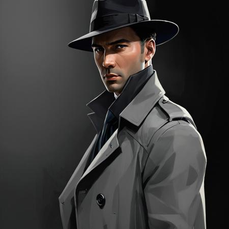 score_9, score_8_up, score_7_up, D_Hstyle, illustration, male focus, solo, 1man, film noir detective, black hat, grey trench coat, masterpiece, detailed
