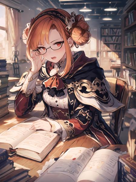 masterpiece,best quality,highres,cinematic lighting,dramatic angle,<lora:ShadowverseGingerV2-000030:0.8:lbw=jiangshi3>,orange hair,red eyes,hairbun,red and purple dress,frills,capelet,arm support,adjusting glasses,looking at viewer,glasses,books,library,sitting,desk,pov across table,chair,open mouth,embarrassed,shy,blush,depth of field,indoors