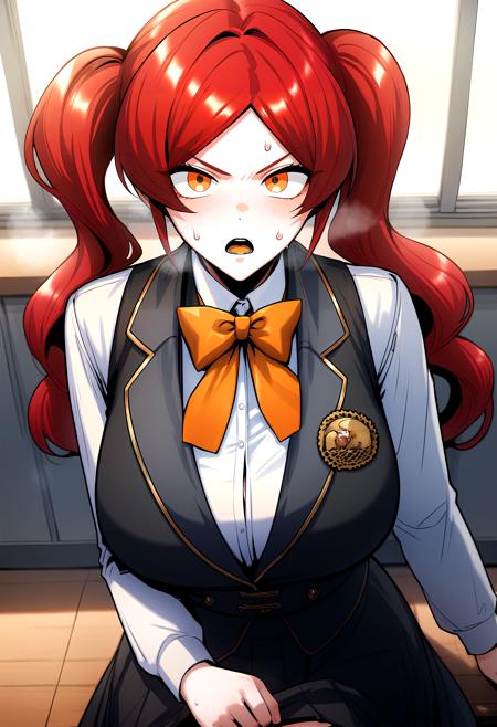 twintails, red hair, long hair, orange eyes, parted bangs, yellow eyes black bow, bowtie, black vest, white shirt, collared shirt, long sleeves, black skirt