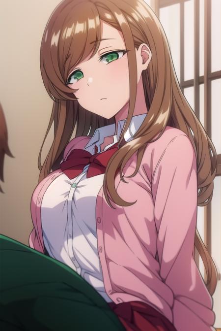 minakosanada, <lyco:minakosanada-lyco-nochekaiser:1>, 
minako sanada, long hair, brown hair, (green eyes:1.5),
BREAK long sleeves, bow, school uniform, bowtie, red bow, cardigan, pink cardigan,
BREAK looking at viewer,
BREAK indoors, classroom,
BREAK <lora:GoodHands-vanilla:1>, (masterpiece:1.2), best quality, high resolution, unity 8k wallpaper, (illustration:0.8), (beautiful detailed eyes:1.6), extremely detailed face, perfect lighting, extremely detailed CG, (perfect hands, perfect anatomy),