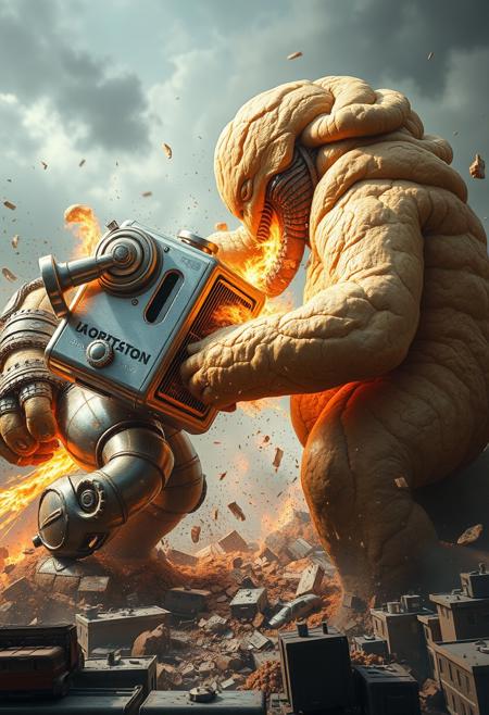"Hyper-realistic depiction of an epic battle between two gargantuan monsters: a toaster behemoth and a bread titan. The toaster monster, with its gleaming metal skin and glowing coils, unleashes a blast of fiery heat as it clashes with the bread monster, a towering creature with a crusty, golden-brown hide and soft, fluffy interior. The bread monster retaliates with a wave of doughy tendrils, ensnaring the toaster's mechanical limbs. The two giants exchange blows, their massive bodies crashing against each other in a shower of sparks, crumbs, and shattered appliances. The background is a blurred, chaotic mess of cityscape, with buildings and cars crushed beneath the monsters' feet. Style: extremely detailed, hyper-realistic, and intensely dramatic, with a focus on capturing the textures, lighting, and destructive energy of the battle."