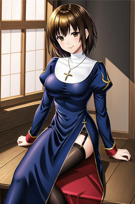 priestRO, long sleeves, pantyhose, thighhighs, garter belt, shoes, long dress, puffy sleeves, turtleneck necklace, cross necklace