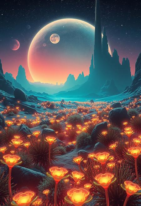 alien planet landscape with bioluminescent flora, colossal derelict ruins at the distance, vaporwave colors,